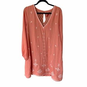 Chelsea & Violet Womens L Coral Embroidered Boho Tunic Top Long Sleeve